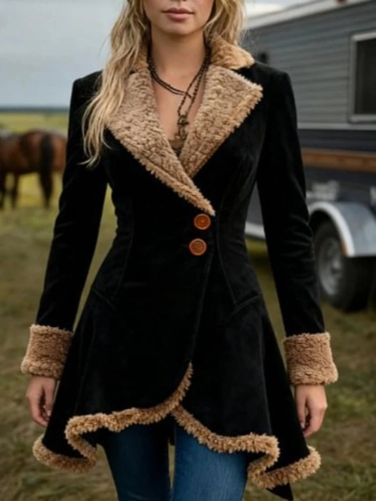 Dark brown women's suede coat with a shearling collar, featuring a stylish and cozy design for cold weather.