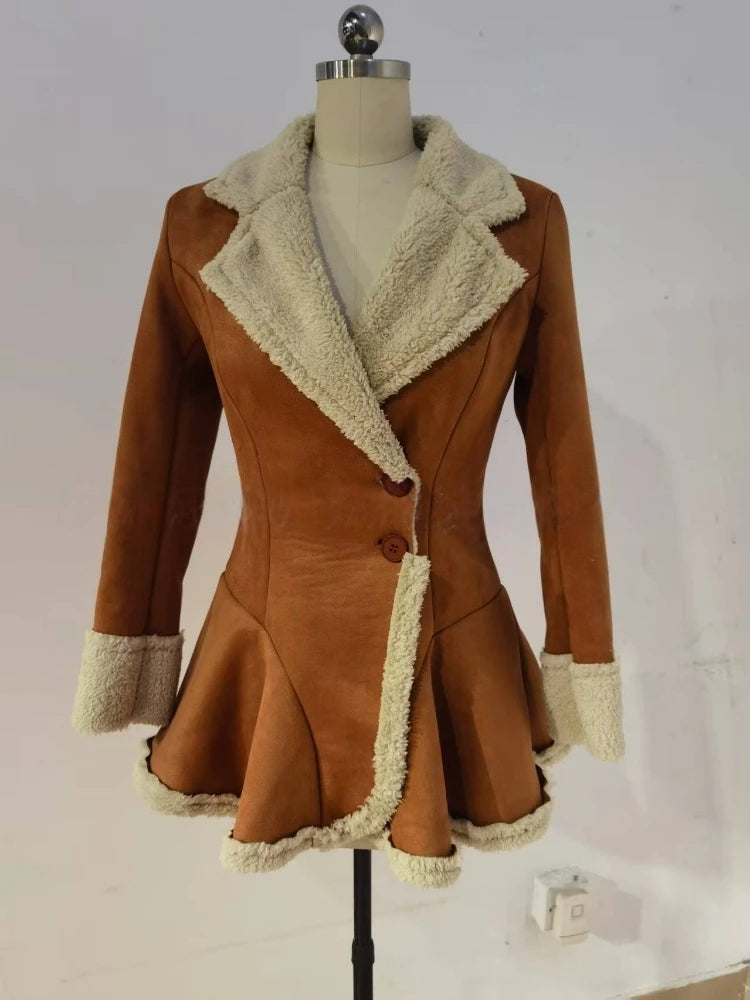 Dark brown women's suede coat with a fur collar, stylish and warm, featuring a classic tailored fit and luxurious detailing.