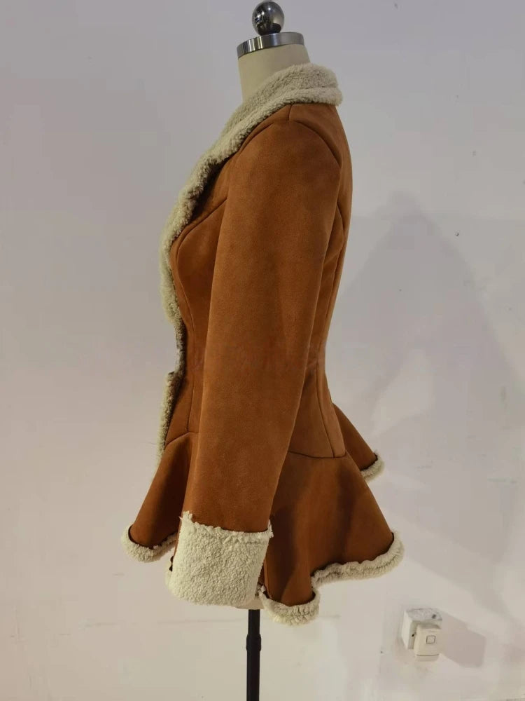Dark brown women's suede coat with faux fur collar, stylish and warm outerwear by Corporación Turística.