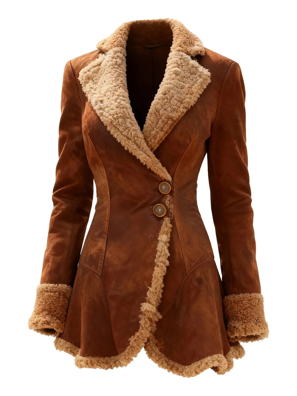 Dark brown women's suede coat with faux fur collar, stylish and warm outerwear from Corporación Turística.