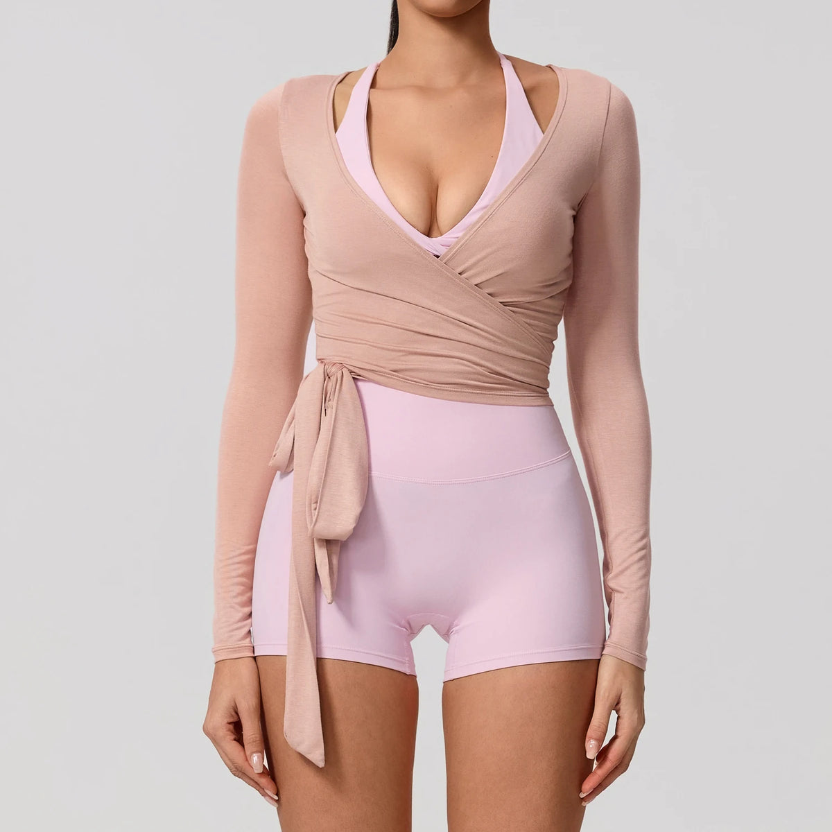 Long-sleeve summer yoga top for women by Corporación Turística, featuring a milk tea print and comfortable fit.