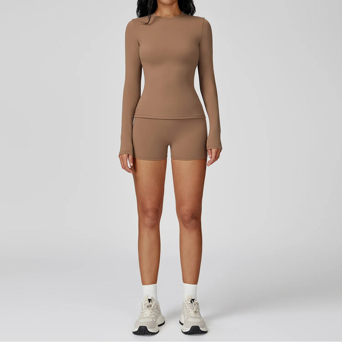 Mocha brown yoga set with 2 pieces from Corporación Turística, comfortable sportswear for active workouts.