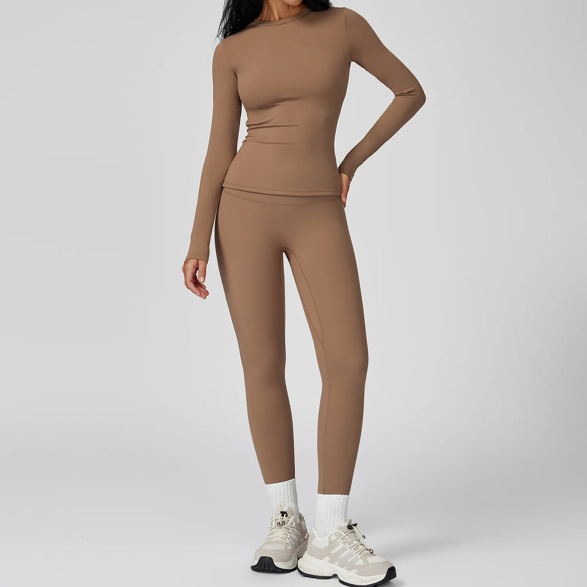 Mocha brown yoga set with 2 pieces, sporty workout clothing by Corporación Turística, size 3XL, made in China.