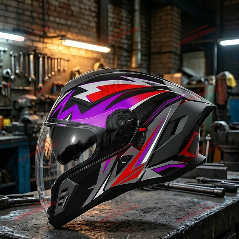 Open-face unisex motorcycle helmet with double lenses, suitable for four seasons, by Corporación Turística, designed for protection and comfort.