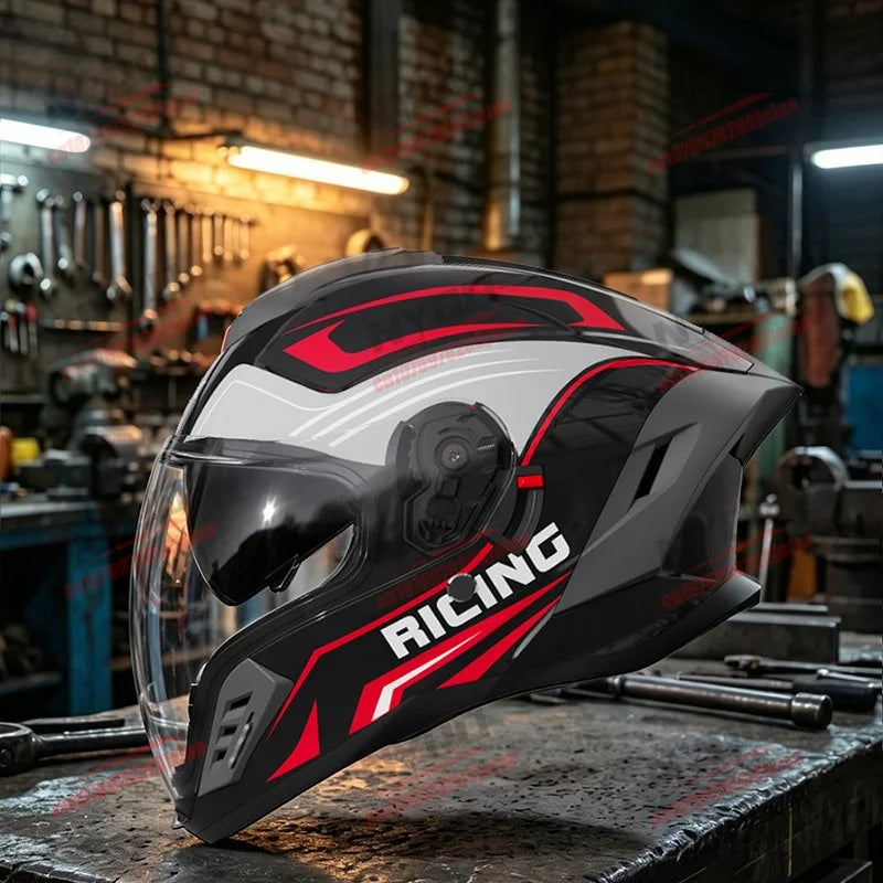 Unisex open-face motorcycle helmet with double lenses, suitable for four seasons, by Corporación Turística, for motorcycle protection.