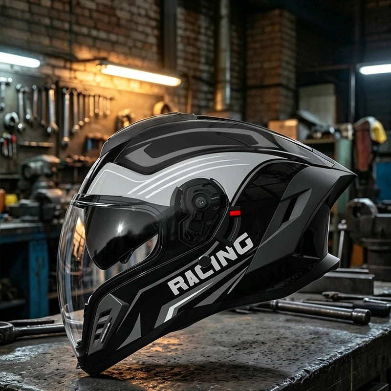 Open-face unisex motorcycle helmet with dual lenses, suitable for all seasons, from Corporación Turística, designed for motorcycle riding.