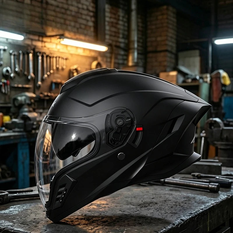 Open-face unisex motorcycle helmet with dual lenses, suitable for four seasons, by Corporación Turística, designed for motorcycle protection.