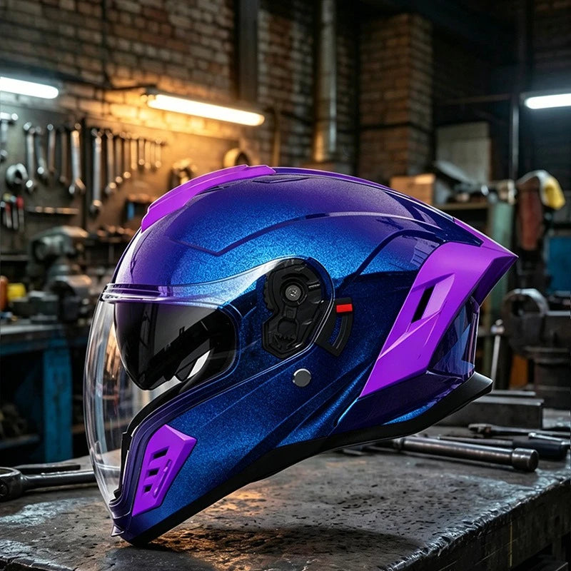 Open-face unisex motorcycle helmet with dual lenses, suitable for all seasons, by Corporación Turística, for motociclismo protection.