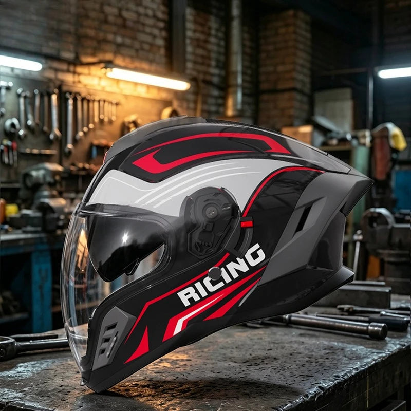Open-face unisex motorcycle helmet with dual visor, suitable for all seasons, by Corporación Turística, designed for riding comfort and protection.
