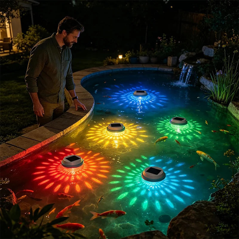 Two multicolor solar floating pool lights with LED illumination, designed for underwater use in swimming pools.