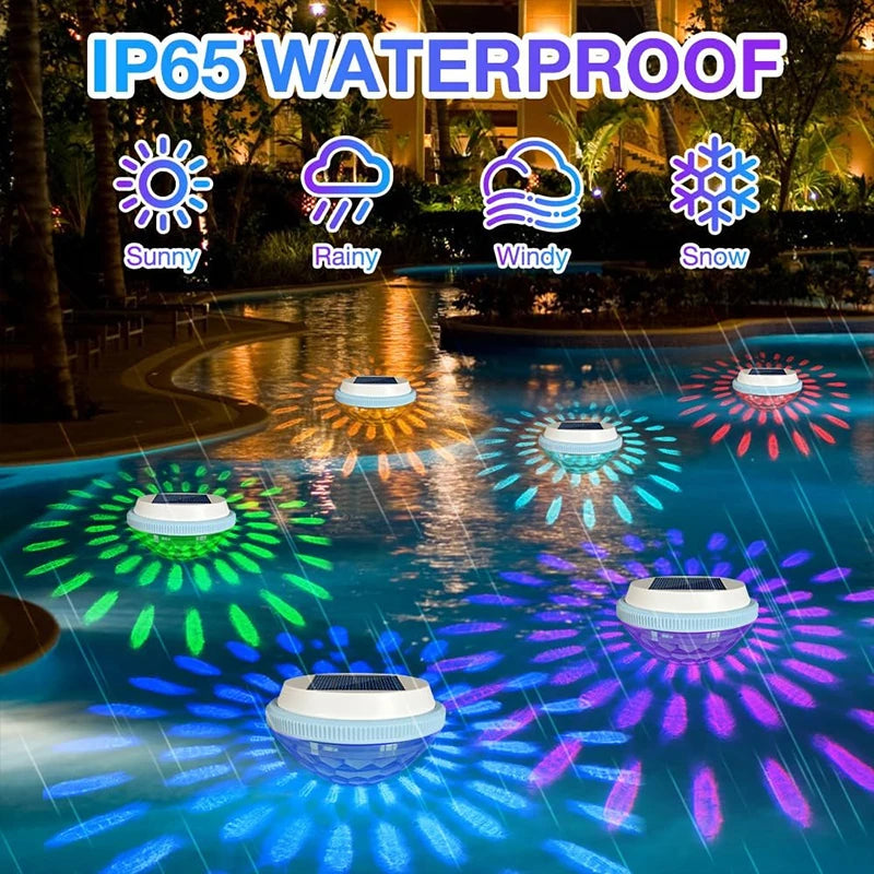 Two multicolor solar floating pool lights with LED illumination, designed for underwater use in swimming pools.