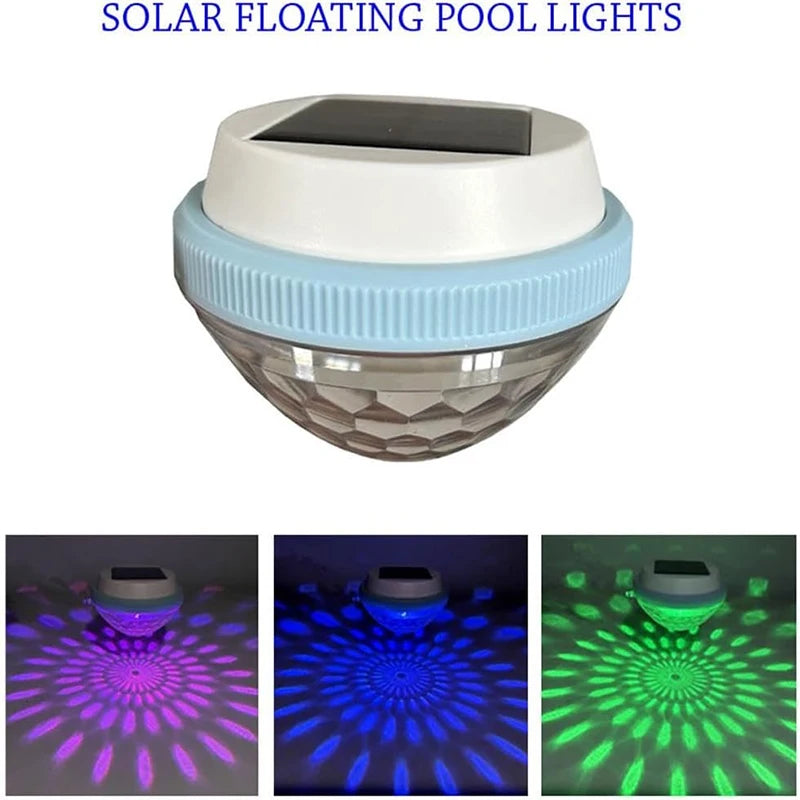 Set of two multicolor solar floating pool lights with LED illumination, designed for underwater and outdoor pool decoration.