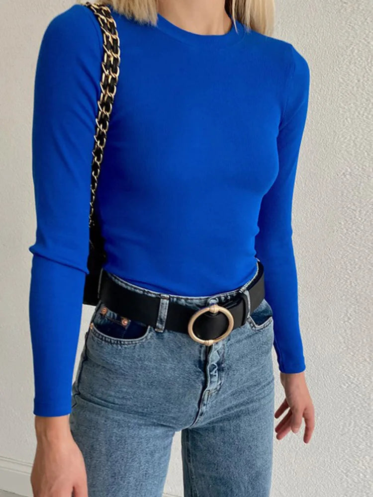 Green ribbed crew neck t-shirt for women by Corporación Turística, featuring a fitted style and soft fabric.
