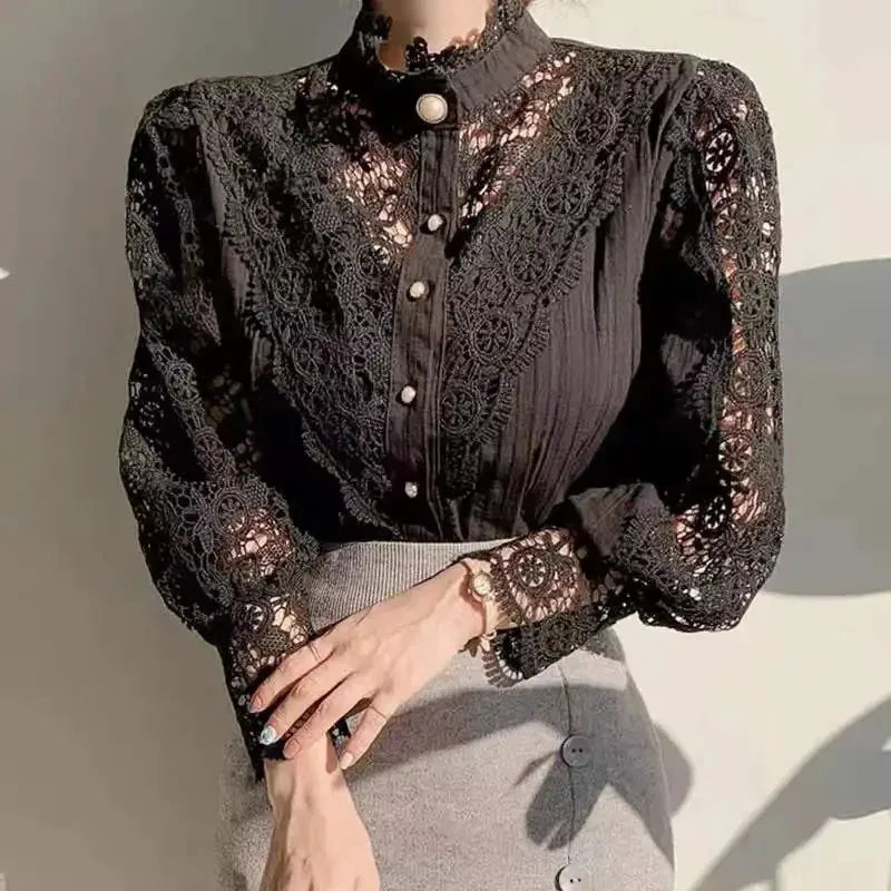 Orange lace blouse for women with petal sleeves, stylish shirt from Corporación Turística, shown in a close-up image.