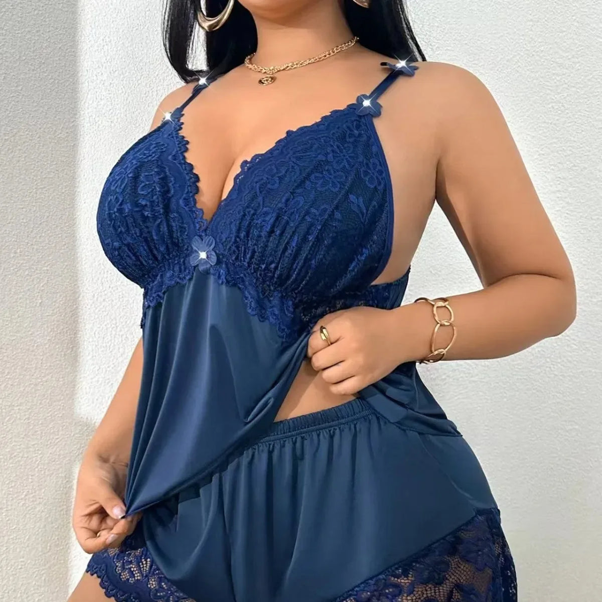 Navy blue plus size lace camisole and shorts set from Corporación Turística, cozy and stylish sleepwear for women.