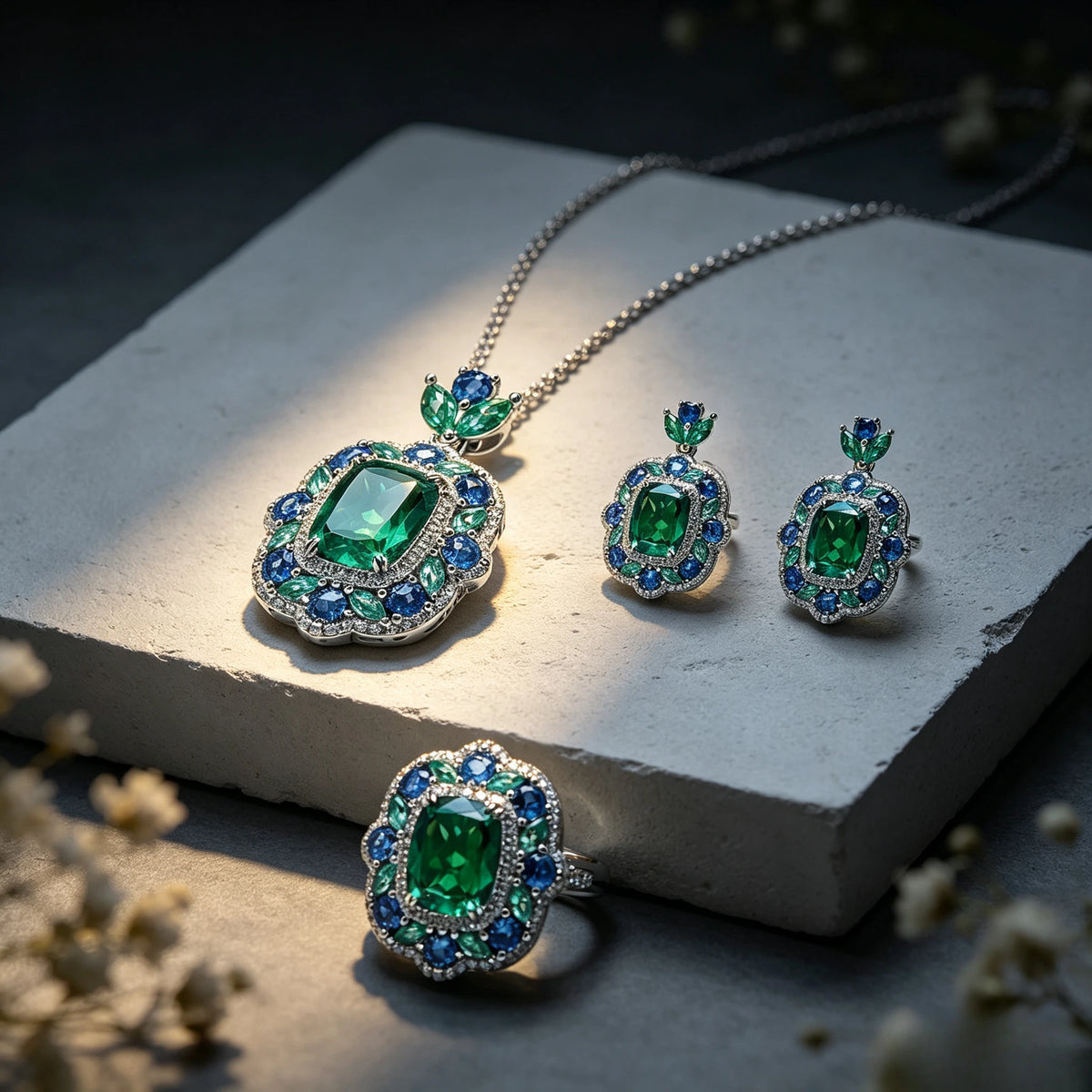 Vintage jewelry set with rectangular emeralds, including necklace and matching accessories by Corporación Turística.