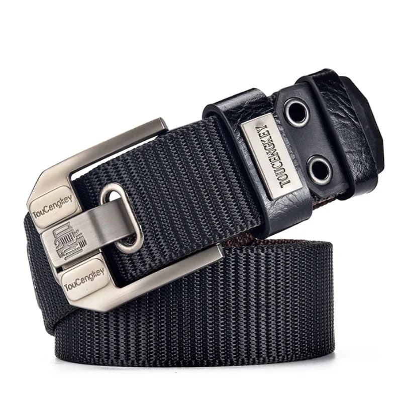 Black men's canvas belt with metal buckle, 120cm length, from Corporación Turística, suitable for casual wear.