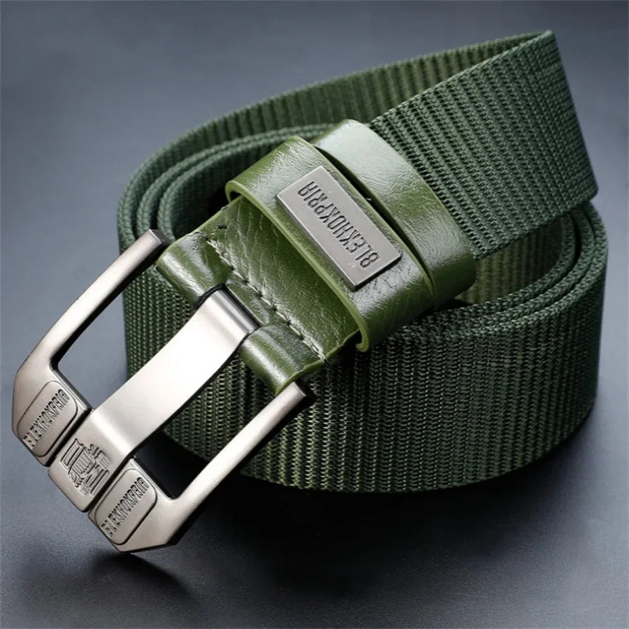 Black men's canvas belt with metal buckle, 120cm length, by Corporación Turística, showing the belt and buckle details.