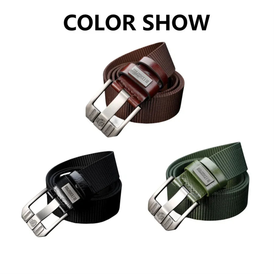 Black men's canvas belt with metal buckle, 120cm length, stylish and durable accessory for casual and formal wear.