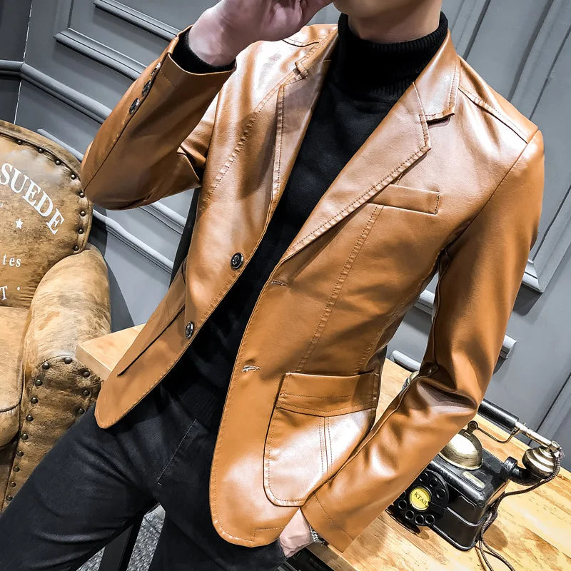 Black men's spring fitted leather jacket from Corporación Turística, featuring a stylish, tailored design for a modern look.