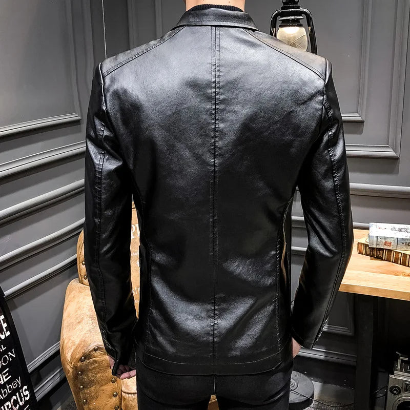 Black fitted spring leather jacket for men by Corporación Turística, size 5XL, displayed on a mannequin.