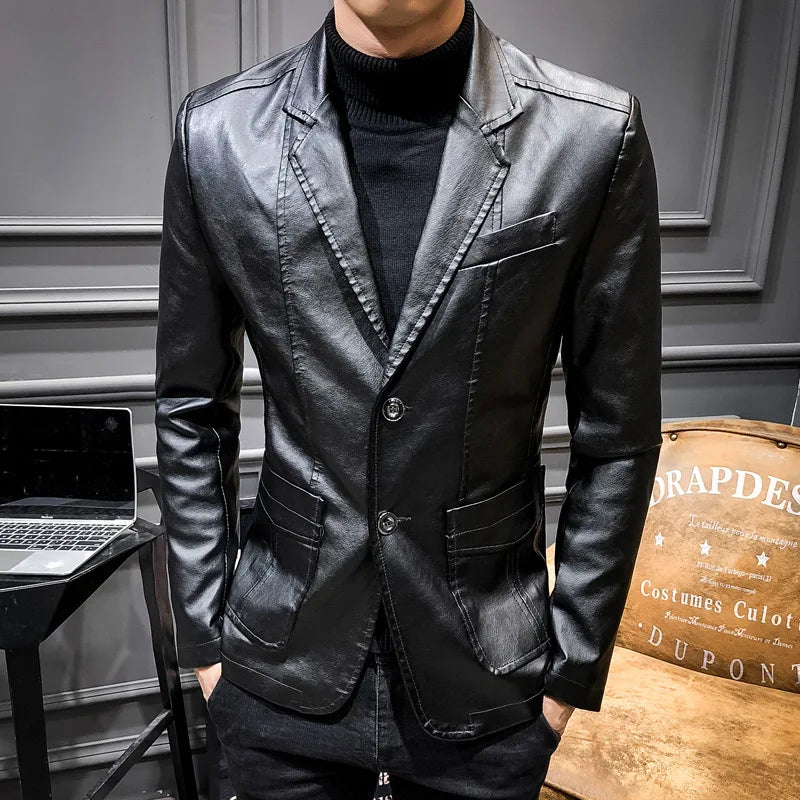 Black spring leather jacket for men, slim fit, corporate Turistica brand, 5XL size, tailored for a modern look.