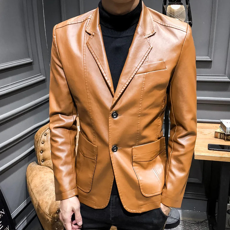 Black spring men's fitted leather jacket from Corporación Turística, shown in size 5XL with stylish tailored fit.