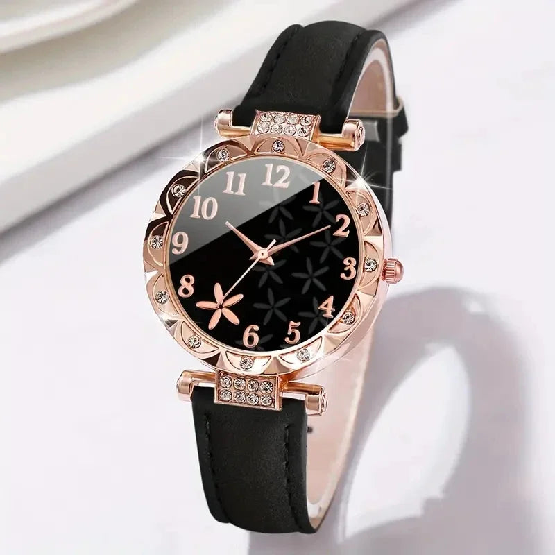 AAARose leather watch set with black strap and rose gold accents, featuring a round dial and elegant design.