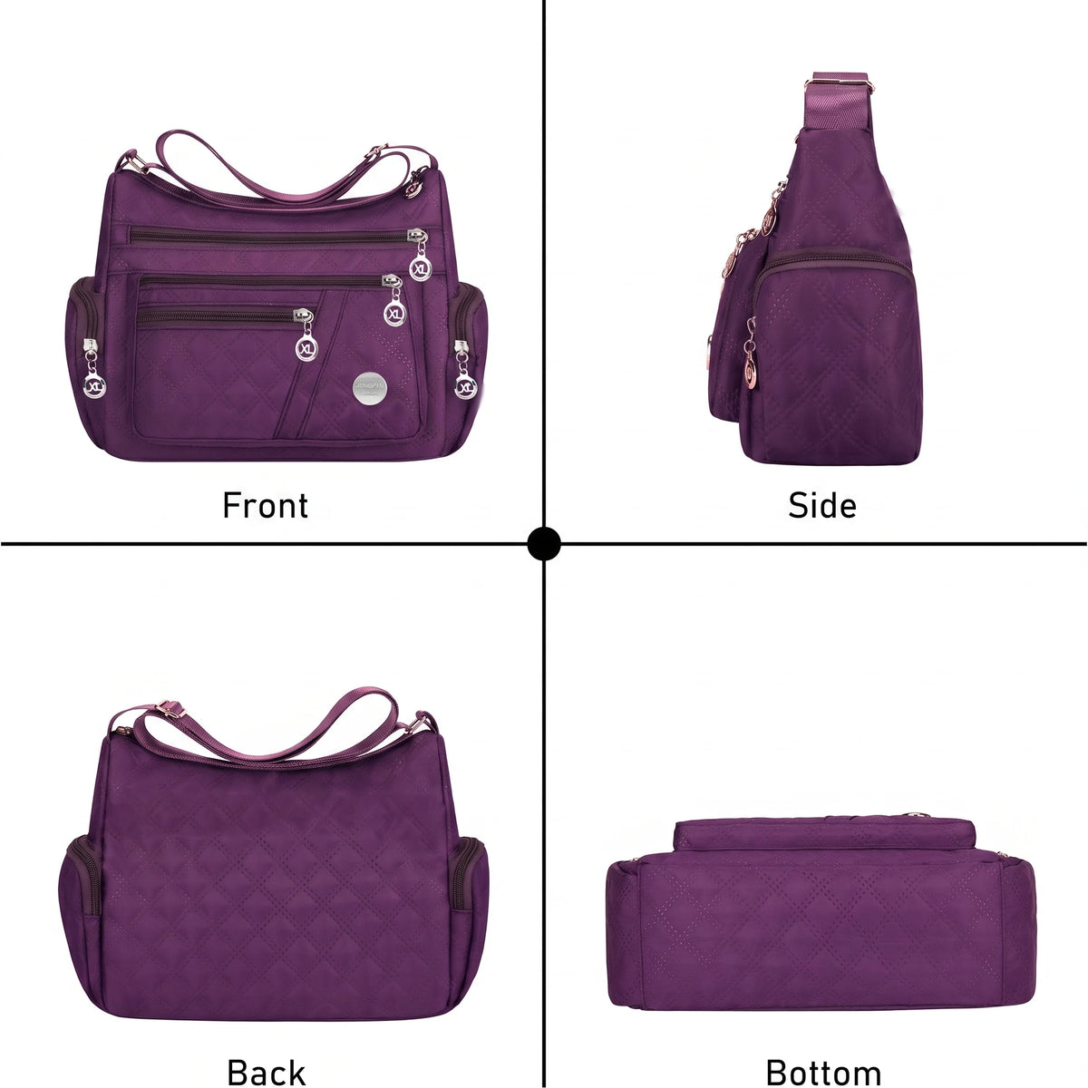 Nylon padded Pomelo Best crossbody bag for women in black with adjustable strap and quilted design.