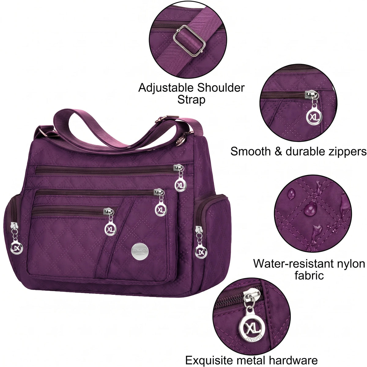 Nylon padded shoulder bag in black with Pomelo Best branding, designed for women, featuring a stylish and practical design.