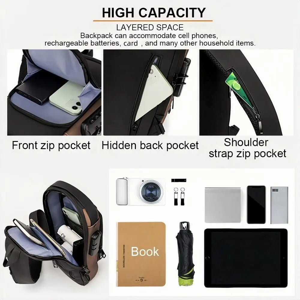 Modern black anti-theft chest bag for men, compact and stylish backpack by Corporación Turística, ideal for travel and daily use.