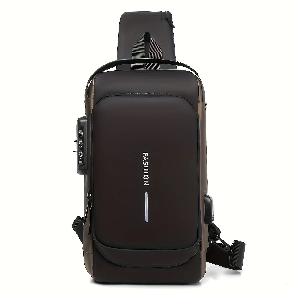 Black anti-theft chest bag for men, modern backpack style by Corporación Turística, designed for secure carrying and everyday use.