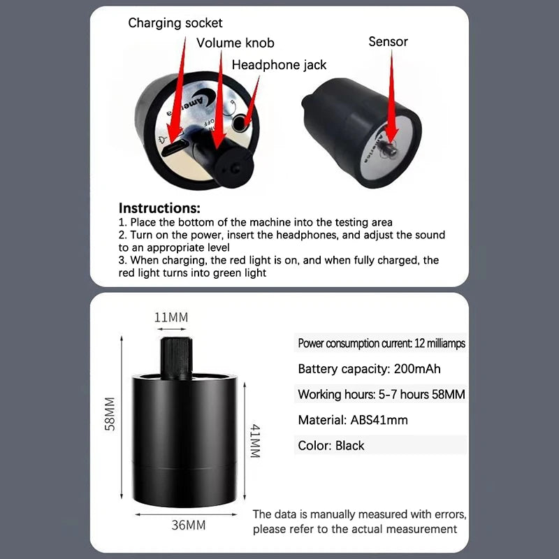 Multifunction water leak detector by Corporación Turística, showing the black device with sensor probes for detecting leaks.