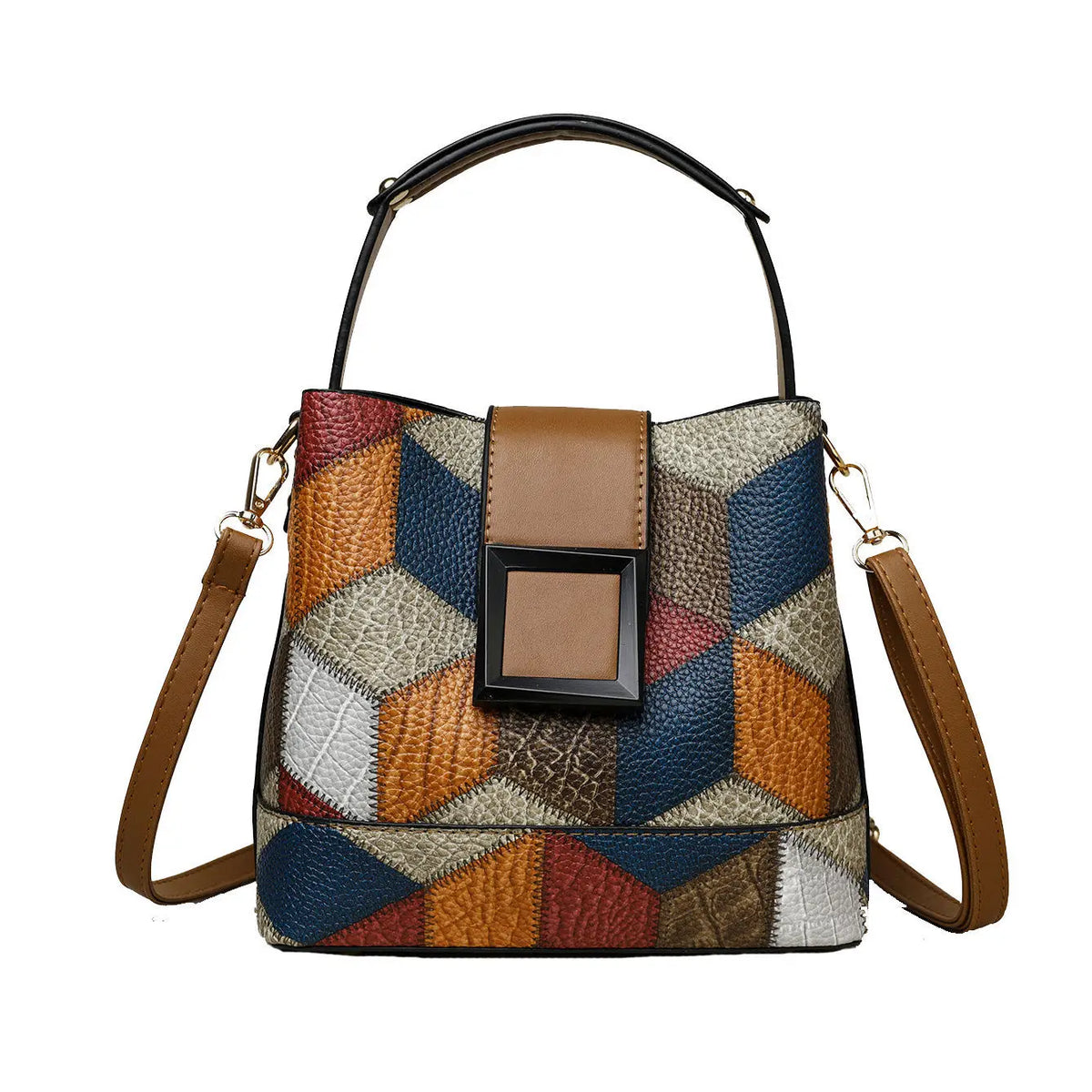 Black solid color bucket bag with adjustable shoulder strap, stylish and elegant, by Corporación Turística.