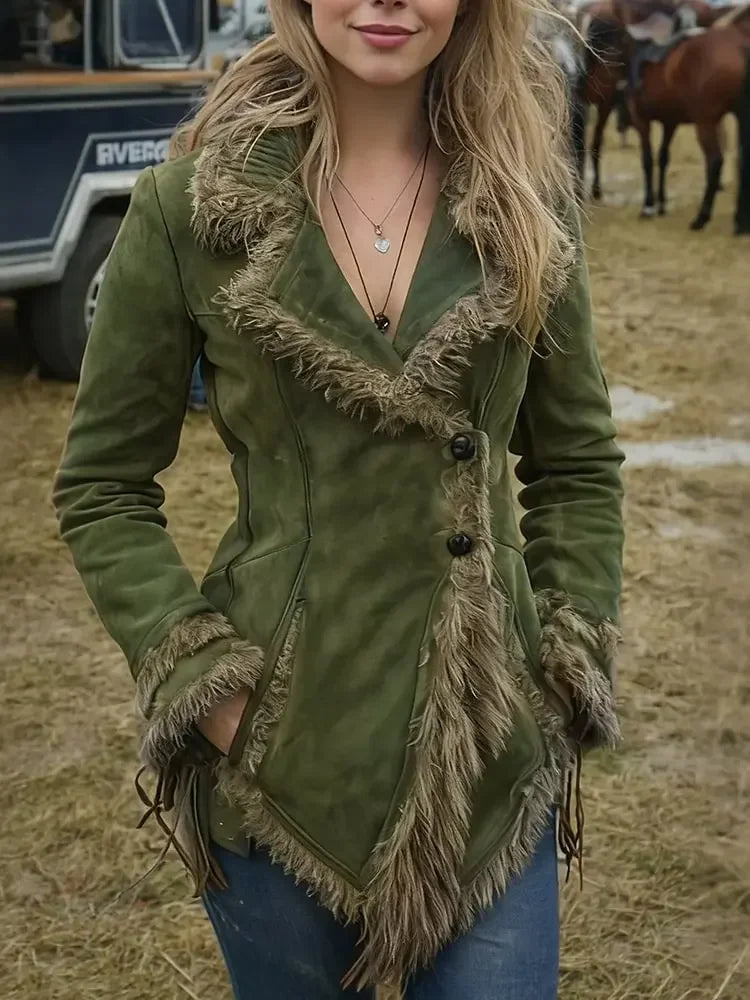 Black women's suede coat with fur collar, stylish OCCI design, from Corporación Turística, perfect for cold weather and elegant looks.