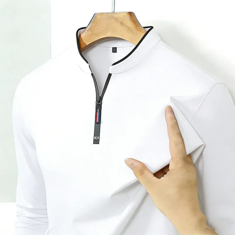 Men’s black long sleeve shirt by Corporación Turística with half zipper, wrinkle-resistant casual and business style.