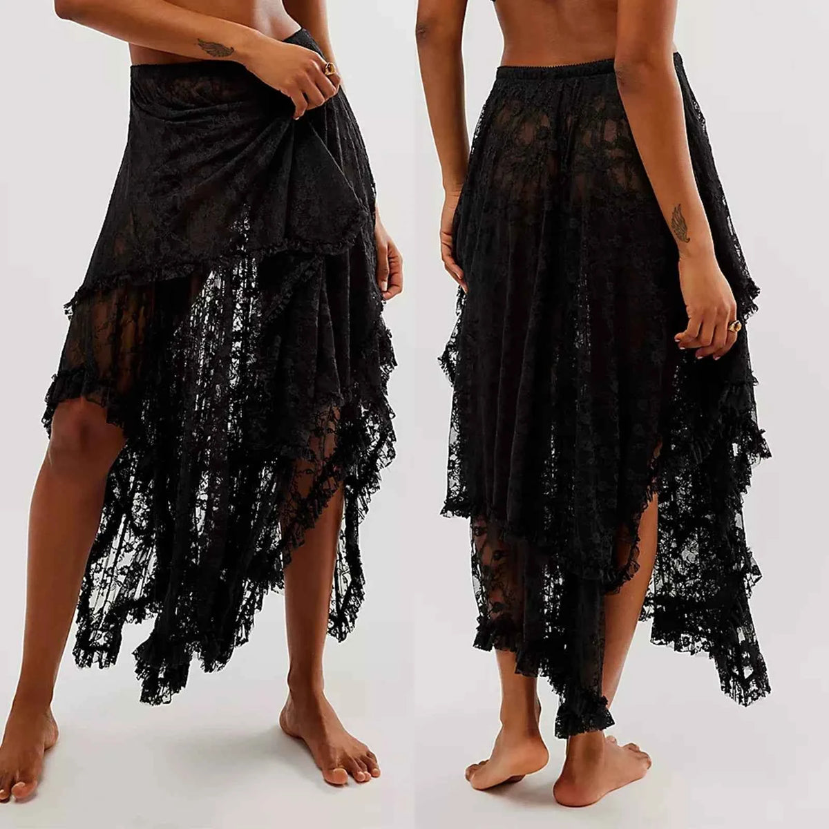 Black vintage lace midi skirt for women with elastic waist, by Corporación Turística, stylish and comfortable for everyday wear.