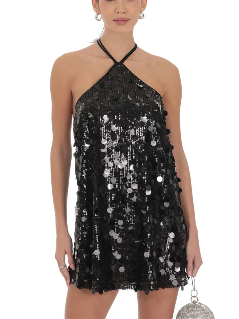 Black sequin mini halter dress for women, stylish party wear with a fitted silhouette, by Corporación Turística.