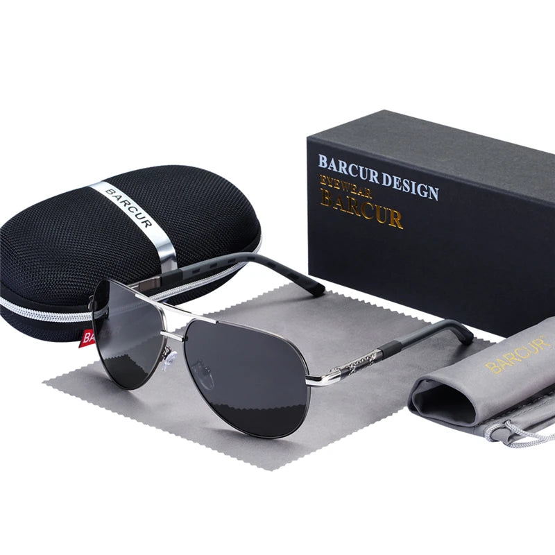 Classic black aluminum men's sunglasses by BARCUR with sleek frame and dark lenses, showcasing stylish eyewear design.