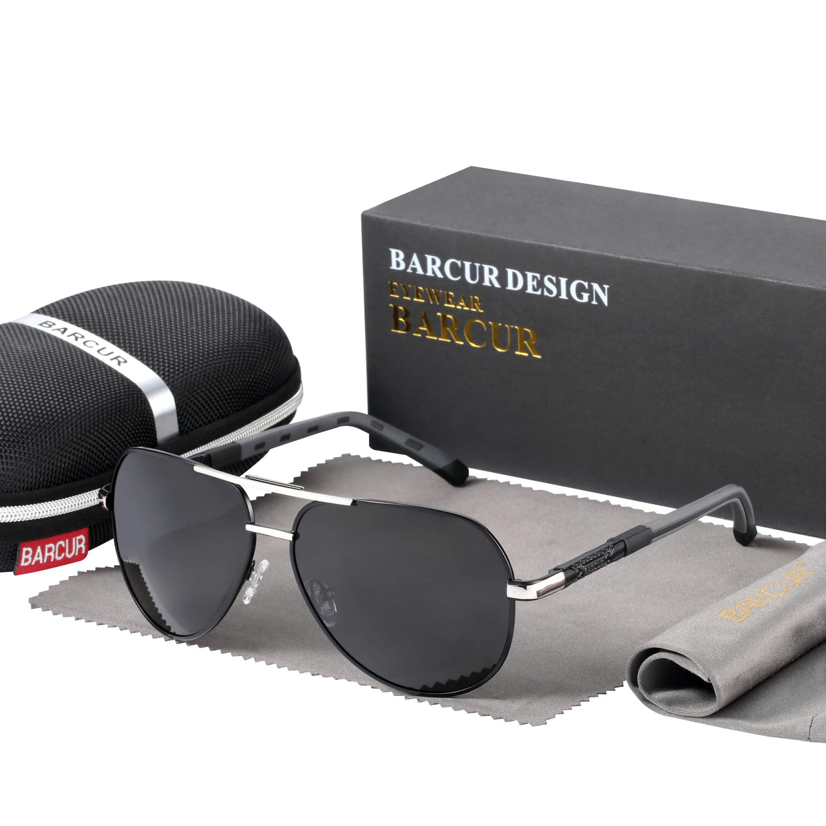 Barcur classic men's aluminum sunglasses with black frames, featuring a sleek design and tinted lenses for stylish sun protection.