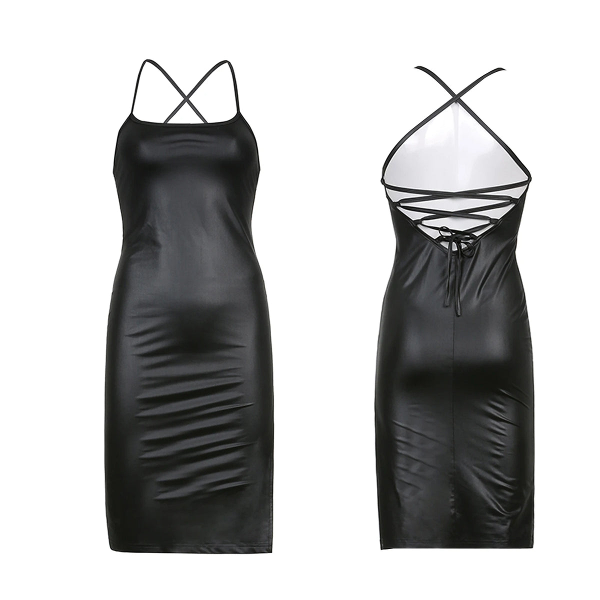 Black fitted midi dress with spaghetti straps for women, stylish and figure-hugging by Corporación Turística.