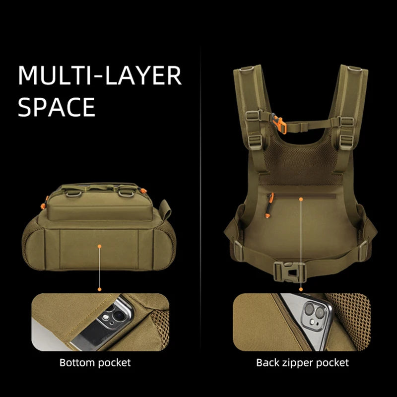 Fishing lure with chest vest and backpack, black fishing gear by Corporación Turística, designed for outdoor fishing activities.