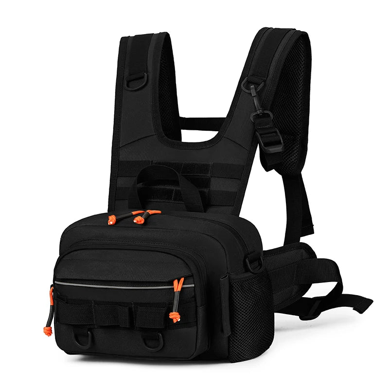 Fishing lure and fishing vest from Corporación Turística, black front chest vest with attached backpack for anglers.
