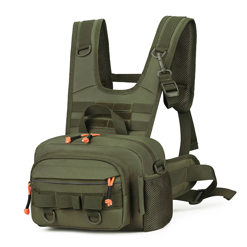 Fishing lure with front chest vest and backpack from Corporación Turística in black, designed for anglers.