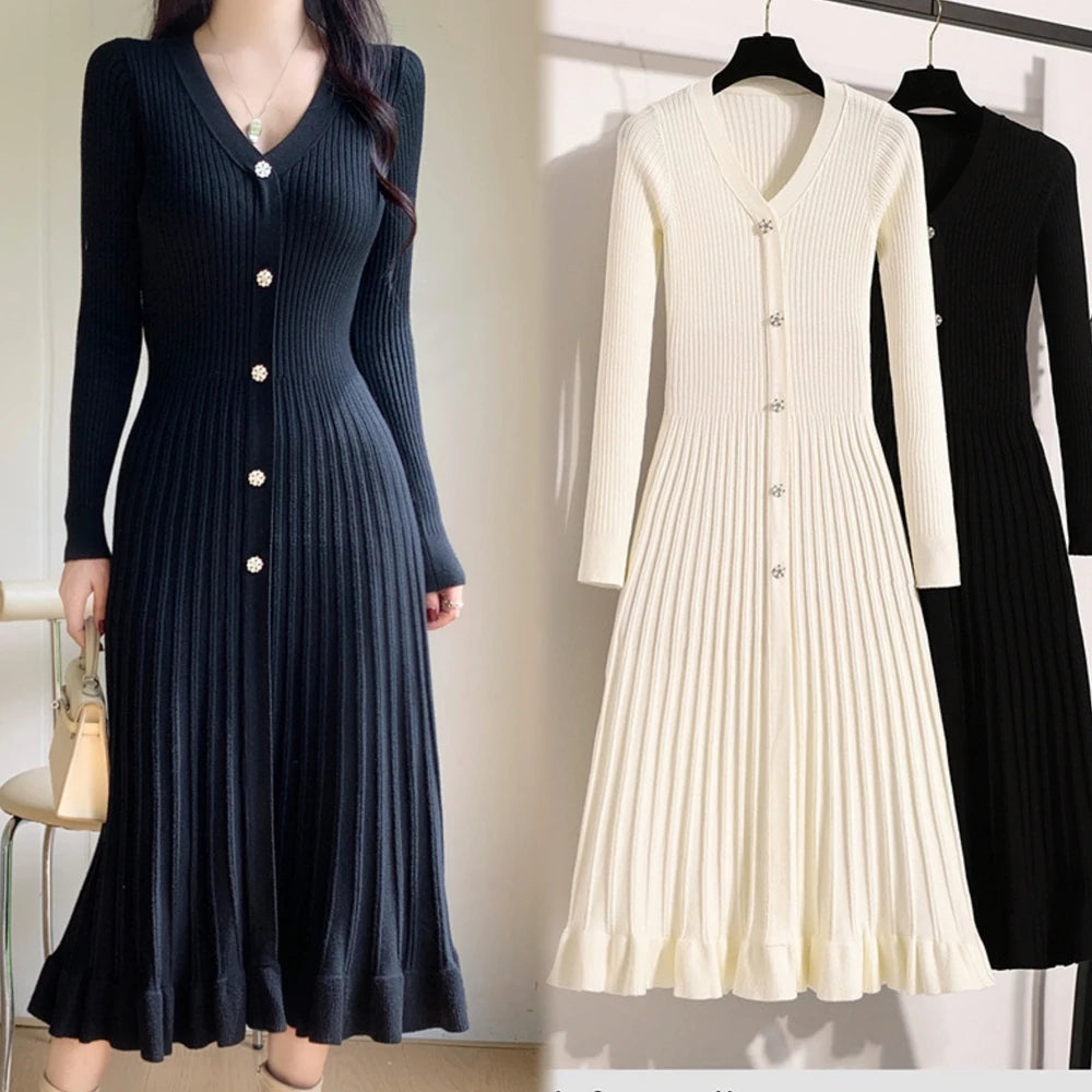 Black YuooMuoo 2026 long knit dress for women, perfect for fall and winter, featuring a comfortable, stylish design.