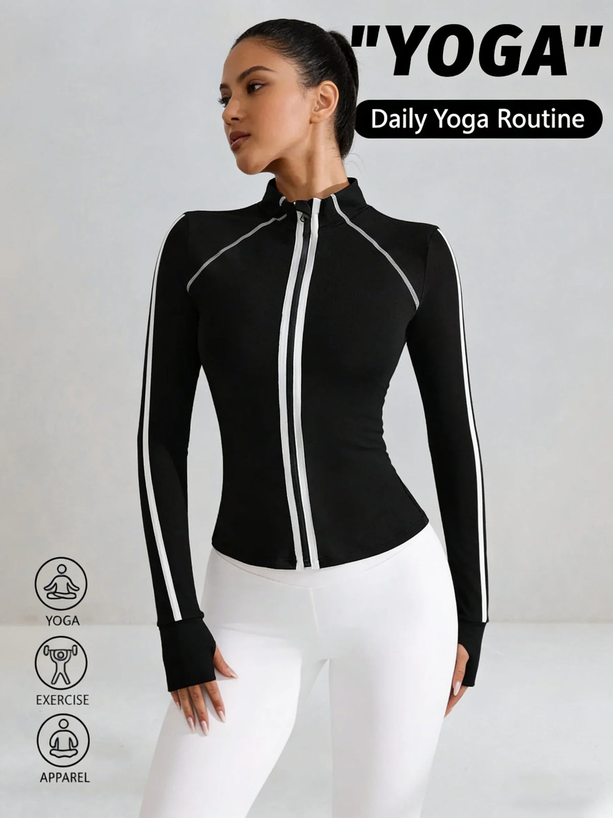 Black women's yoga jacket with zipper and high collar, by Corporación Turística, shown flat on a white background.
