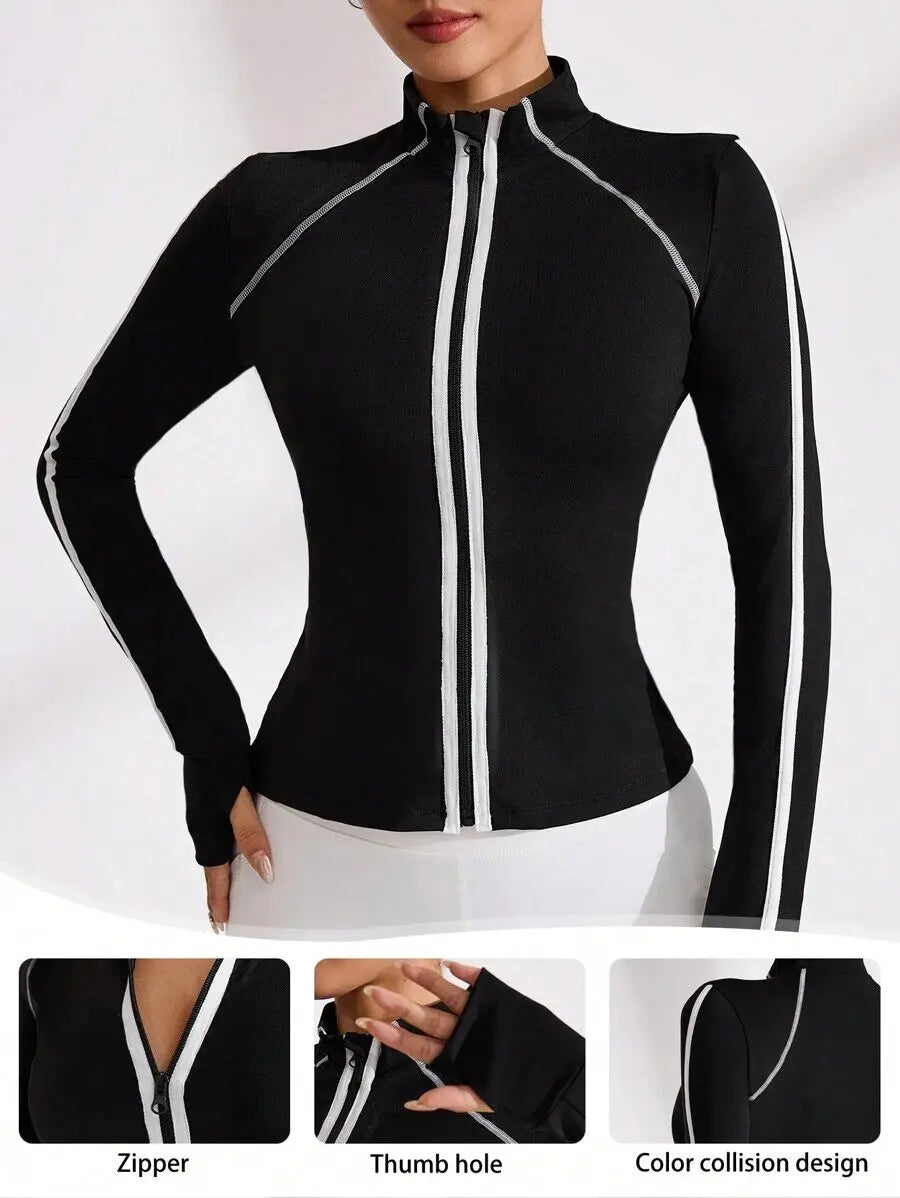 Black women's yoga jacket with zipper and high collar from Corporación Turística, shown lying flat on a white background.