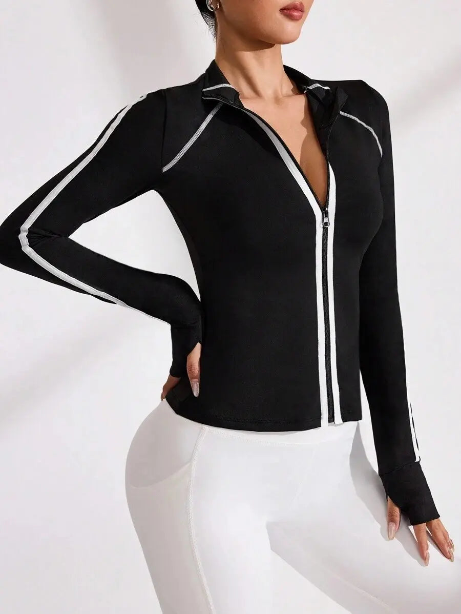 Black women's yoga jacket with zipper from Corporación Turística, featuring a high collar and comfortable fit.
