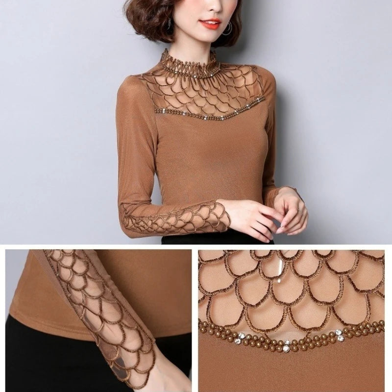 Black women's blouse by Corporación Turística, stylish long sleeve shirt with a modern fit, shown in size XXL.