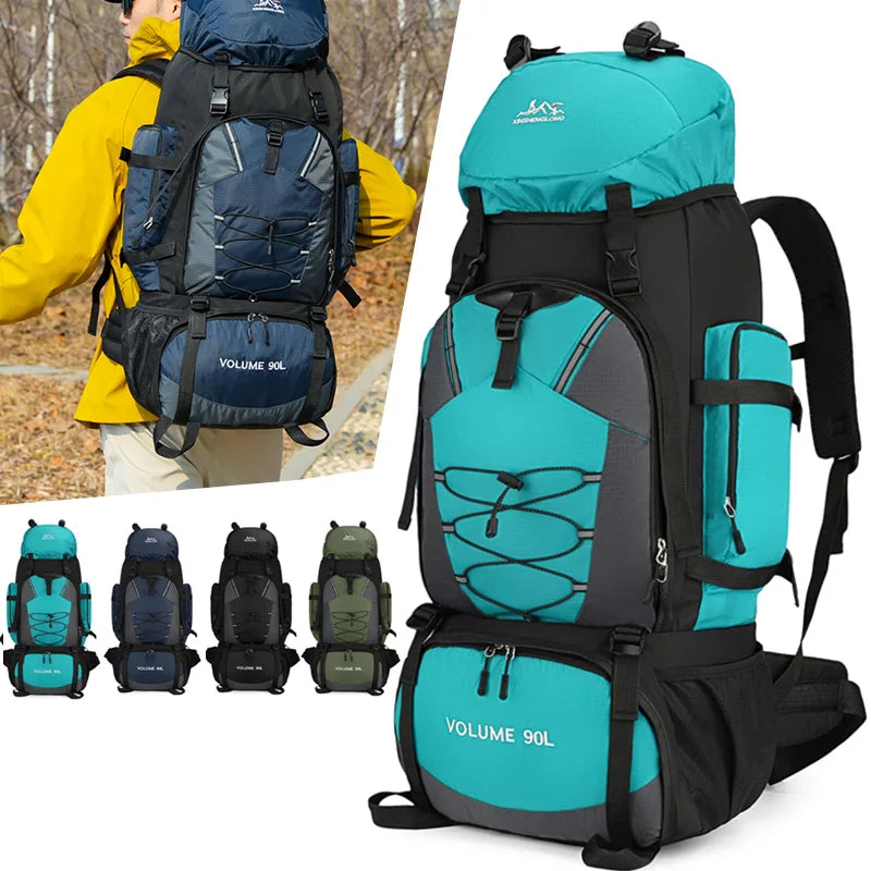 Large 90L hiking and camping backpack by Corporación Turística, showing adjustable shoulder straps and multiple compartments.